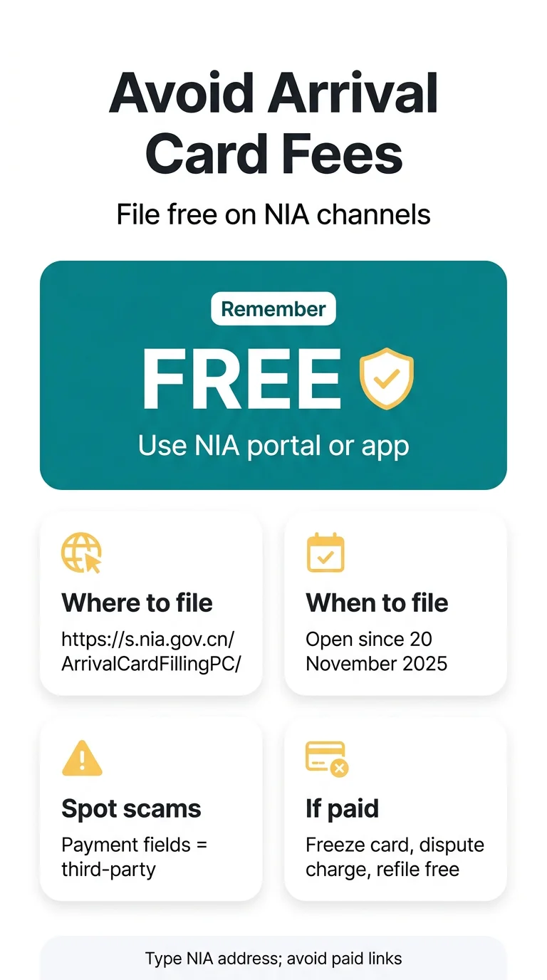 Infografika: How to Avoid Paying for China Arrival Card: Spotting Unauthorized Agencies and Using Free Direct Options